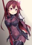  1girl bodysuit breasts cosplay covered_navel cowboy_shot fate/grand_order fate_(series) gae_bolg highres holding holding_weapon kantai_collection kisaragi_(kantai_collection) long_hair looking_at_viewer pauldrons polearm purple_bodysuit purple_eyes purple_hair ribbon scathach_(fate)_(all) scathach_(fate/grand_order) scathach_(fate/grand_order)_(cosplay) shoulder_armor smile solo spear thighs weapon yasume_yukito 