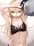  1girl armpits arms_up bangs bismarck_(kantai_collection) black_bra black_panties blonde_hair blue_eyes bra breasts cleavage collarbone eyebrows_visible_through_hair eyelashes fingernails hat hat_removed headwear_removed highres holding holding_hat kabayaki_namazu kantai_collection lace lace-trimmed_bra long_hair medium_breasts navel open_mouth panties simple_background solo underwear 