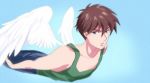  1boy black_shorts brown_eyes brown_hair collarbone enemy32 free! green_shirt gundam gundam_wing heero_yuy lips looking_at_viewer male_focus parody parted_lips shirt short_hair shorts solo upper_body white_wings wings 