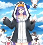  1girl animal animal_hood bird black-framed_eyewear black_choker black_jacket blue_bow blue_sky bow choker cloud cloudy_sky collarbone cowboy_shot day fate/grand_order fate_(series) heart hood hood_up hooded_jacket horns ice iceberg jacket long_hair long_sleeves looking_at_viewer meltryllis meltryllis_(swimsuit_lancer)_(fate) open_mouth outdoors penguin penguin_hood pinching_sleeves purple_eyes purple_hair rocm_(nkkf3785) round_eyewear sky sleeves_past_wrists solo sunglasses very_long_hair water 