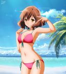  1girl absurdres aqua_ribbon armpits beach benjoerres bikini blue_sky breasts brown_hair cleavage closed_mouth cloud cowboy_shot day derivative_work front-tie_bikini front-tie_top groin halterneck hibike!_euphonium highres huge_filesize long_hair looking_at_viewer medium_breasts ocean oumae_kumiko outdoors palm_tree red_bikini ribbon shiny shiny_hair side-tie_bikini sideboob sky smile solo standing string_bikini swimsuit tree yellow_eyes 