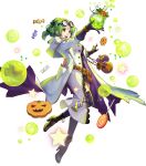  1girl alternate_costume ankle_boots bangs black_footwear black_legwear boots breasts buttons candy coat earrings eyewear_on_head fire_emblem fire_emblem:_the_sacred_stones fire_emblem_heroes food full_body glasses gloves green_eyes green_hair halloween_costume high_heel_boots high_heels highres holding jewelry konfuzikokon l&#039;arachel_(fire_emblem) labcoat long_hair looking_away medium_breasts official_art open_mouth shiny shiny_hair smile solo test_tube thighhighs tied_hair transparent_background turtleneck 