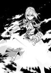  1girl absurdres ahoge armor artoria_pendragon_(all) black_background fate/stay_night fate_(series) gauntlets greyscale highres ishiyumi juliet_sleeves long_sleeves looking_at_viewer monochrome puffy_sleeves saber solo standing sword weapon 