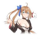  1girl ahoge animal animal_on_shoulder armpits bangs black_choker black_jacket blazer blue_eyes blue_ribbon blunt_bangs blush breasts choker collarbone fal_(girls_frontline) ferret girls_frontline hair_between_eyes hair_ribbon hand_up jacket large_breasts light_brown_hair long_hair long_sleeves looking_at_viewer off-shoulder_jacket open_clothes open_jacket parted_lips ribbon shiny shiny_hair side_ponytail sidelocks simple_background single_bare_shoulder solop upper_body very_long_hair white_background 