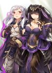  2girls ;q bangs black_hair blush breasts bridal_gauntlets brown_gloves cape circlet cleavage covered_navel fire_emblem fire_emblem_awakening fire_emblem_heroes gebyy-terar gloves grima_(fire_emblem) hand_up highres large_breasts long_hair medium_breasts multiple_girls one_eye_closed open_mouth purple_eyes red_eyes red_nails robin_(fire_emblem) robin_(fire_emblem)_(female) saliva silver_hair simple_background smile standing sweat tharja tongue tongue_out twintails two_side_up yuri 