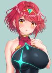  1girl :o bangs blush breasts collarbone competition_swimsuit covered_nipples earrings gem highres homura_(xenoblade_2) jewelry large_breasts leotard looking_at_viewer one-piece_swimsuit red_eyes red_hair short_hair simple_background solo sssemiii swept_bangs swimsuit tiara upper_body xenoblade_(series) xenoblade_2 