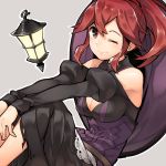  1girl ;) anna_(fire_emblem) apron bare_shoulders belt black_skirt blush breasts brown_eyes cleavage closed_mouth fire_emblem fire_emblem_fates floating floating_object gebyy-terar grey_background hat_on_back juliet_sleeves knees_up lantern long_hair long_sleeves medium_breasts one_eye_closed ponytail puffy_sleeves purple_headwear red_hair shoulder_cutout sidelocks simple_background sitting skirt smile solo torn_clothes torn_skirt waist_apron white_apron 