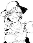  1girl bare_shoulders cowboy_hat greyscale handkerchief hat highres hiyuu_(flying_bear) kurokoma_saki looking_at_viewer monochrome off_shoulder open_mouth short_sleeves simple_background smile solo teeth touhou wily_beast_and_weakest_creature 