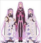  3girls absurdly_long_hair adapted_costume bangs black_footwear black_kimono black_legwear blush closed_mouth euryale eyebrows_visible_through_hair facial_mark fate/hollow_ataraxia fate/stay_night fate_(series) forehead_mark frilled_hairband frills hairband hakusai_(tiahszld) hand_on_hip hands_together japanese_clothes kimono long_hair long_sleeves multiple_girls obi okobo own_hands_together parted_bangs platform_footwear purple_eyes purple_hair rider sash short_kimono siblings simple_background sisters sleeves_past_wrists smile standing stheno thighhighs twins twintails very_long_hair white_background white_footwear white_hairband white_kimono wide_sleeves 