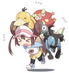  &gt;_&lt; 1girl bangs black_legwear blue_footwear blue_sleeves blush brown_hair carrying chibi closed_eyes darumaka double_bun flying_sweatdrops full_body gen_1_pokemon gen_4_pokemon gen_5_pokemon hyakuen_raitaa injury leg_up long_hair lucario magnemite mei_(pokemon) open_mouth pantyhose pink_headwear pink_legwear poke_ball_symbol poke_ball_theme pokemon pokemon_(creature) pokemon_(game) pokemon_bw2 psyduck raglan_sleeves servine shiny shiny_hair shirt shoes short_shorts shorts simple_background socks sweat teeth tied_hair twintails visor_cap walking white_background white_shirt x_x yellow_shorts 