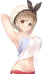  1girl armpits arms_behind_head arms_up atelier_(series) atelier_ryza bare_arms bare_shoulders beret breasts brown_hair cleavage closed_mouth collarbone commentary_request crop_top crop_top_overhang groin hat highres large_breasts looking_at_viewer midriff mimikaki_(men_bow) navel red_eyes red_shorts reisalin_stout shirt short_hair shorts sidelocks simple_background sleeveless sleeveless_shirt smile solo spaghetti_strap stomach upper_body white_background white_headwear white_shirt 
