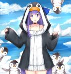  1girl animal animal_hood bird black_choker black_jacket blue_bow blue_sky bow choker cloud cloudy_sky collarbone cowboy_shot day fate/grand_order fate_(series) hood hood_up hooded_jacket ice iceberg jacket long_hair long_sleeves looking_at_viewer meltryllis meltryllis_(swimsuit_lancer)_(fate) open_mouth outdoors penguin penguin_hood pinching_sleeves purple_eyes purple_hair rocm_(nkkf3785) sky sleeves_past_wrists solo very_long_hair water 