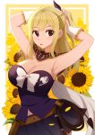 1girl armpits bangs bare_shoulders black_skirt blonde_hair blush breasts cleavage eyebrows_visible_through_hair fairy_tail flower hair_between_eyes hair_ribbon large_breasts long_hair lucy_heartfilia ponytail purple_shirt ribbon rizky_(strated) shirt skirt solo sunflower tongue tongue_out whip wrist_cuffs 