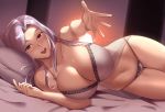  1girl bare_shoulders bed bed_sheet bedroom breasts brown_eyes cleavage come_hither commission curvy english_commentary ganzu highres indoors lampshade large_breasts long_hair looking_at_viewer lying navel on_side open_mouth original outstretched_hand panties pillow pov purple_camisole purple_hair purple_panties thighs underwear 