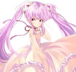  1girl :t bangs bare_arms bare_shoulders bow closed_mouth copyright_request dress eyebrows_visible_through_hair frilled_dress frills fuyusuke_(hz+) highres long_hair pink_dress pout purple_bow purple_eyes purple_hair red_ribbon ribbon sidelocks simple_background sleeveless sleeveless_dress solo twintails very_long_hair white_background 