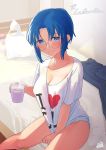  1girl between_legs blue_eyes blush breasts ciel cleavage coffee collarbone glasses hand_between_legs nmuzms on_bed partially_undressed shirt shirt_tug short_hair sitting sitting_on_bed smile solo steam t-shirt thighs tsukihime 