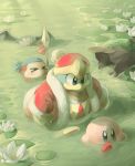  &gt;_&lt; bandana bandana_waddle_dee blue_eyes blue_headwear closed_eyes closed_mouth coat flower from_above fur_trim green_background hat highres king_dedede kirby kirby_(series) light_rays lily_pad log long_sleeves meta_knight moss open_mouth outdoors partially_submerged polearm red_coat red_headwear spear stardust-dreamii sunbeam sunlight swamp waddle_dee wading walking weapon white_flower wings 