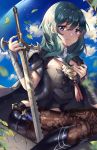  1girl artist_name bangs black_footwear black_shorts blue_eyes blush boots brown_legwear byleth_(fire_emblem) byleth_(fire_emblem)_(female) cape closed_mouth cloud cloudy_sky commentary english_commentary eyebrows_visible_through_hair fingernails fire_emblem fire_emblem:_three_houses green_hair hair_between_eyes hands_up highres holding holding_sword holding_weapon knee_boots long_hair looking_at_viewer pantyhose short_shorts shorts sky solo squchan sword vambraces watermark weapon web_address white_cape 