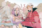  2girls bush cake closed_eyes closed_mouth cup dress edelgard_von_hresvelg fire_emblem fire_emblem:_three_houses flower food hair_ornament headpiece holding holding_cup holding_plate horns littlemute long_hair long_sleeves lysithea_von_ordelia multiple_girls open_mouth outdoors pink_eyes plate sitting table teacup teapot white_hair wide_sleeves 