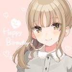  1girl bangs blush brown_dress brown_eyes character_name closed_mouth collar dress frilled_collar frills happy_birthday heart light_brown_hair long_hair looking_at_viewer nijisanji pink_background shigure_ui simple_background sister_cleaire smile solo virtual_youtuber 