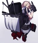  1girl absurdres adapted_turret ahoge bangs black_gloves black_serafuku blonde_hair eyes_visible_through_hair from_behind full_body gloves hair_flaps hand_up highres kantai_collection karasuma_kuraha kneeling long_hair looking_at_viewer looking_back machinery multicolored_hair neckerchief propeller red_eyes remodel_(kantai_collection) rigging rudder_footwear sail sailor_collar school_uniform serafuku shoes short_sleeves simple_background smokestack solo straight_hair torpedo torpedo_tubes turret two-tone_hair white_background white_sailor_collar yuudachi_(kantai_collection) 