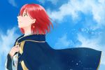  1girl absurdres akagami_no_shirayukihime blue_cape blue_sky cape cloud cop_pc day earrings gold_trim green_eyes hair_between_eyes hand_up highres huge_filesize jewelry looking_to_the_side medium_hair outdoors profile red_hair shirayuki_(akagami_no_shirayukihime) sky smile solo twitter_username 