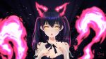  1girl absurdres animal_ears bare_shoulders black_hair blush bra breasts cat_ears cat_tail cleavage dark_background en&#039;en_no_shouboutai fiery_ears fiery_tail hands_up highres long_hair looking_at_viewer medium_breasts miyama_tsubaki_me open_mouth solo tail tamaki_kotatsu torn_bra torn_clothes torn_jacket twintails underwear upper_body upper_teeth yellow_eyes 