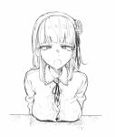  1girl breasts cleavage dagashi_kashi flower hair_flower hair_ornament hairband highres kotoyama large_breasts looking_at_viewer medium_hair monochrome open_mouth ringed_eyes shidare_hotaru simple_background solo white_background 