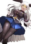  1girl :d ass_visible_through_thighs bald_eagle_(kemono_friends) bird_tail black_hair blonde_hair breasts commentary cowboy_shot gloves head_wings highres kemono_friends kemono_friends_3 koruse large_breasts long_hair long_sleeves looking_at_viewer multicolored_hair open_mouth pantyhose pleated_skirt simple_background sketch skirt smile solo thigh_gap uniform white_background white_gloves white_hair yellow_eyes 