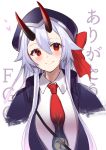  1girl black_headwear blush closed_mouth commentary_request copyright_name eyebrows_visible_through_hair fate/grand_order fate_(series) felnemo grey_hair hat heart highres horns long_hair looking_at_viewer necktie red_eyes red_neckwear smile solo tomoe_gozen_(fate/grand_order) translated upper_body 
