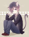  1boy animal_ears bell cat_ears cat_tail catboy extra_ears full_body highres looking_at_viewer male_focus oosaka_rei original purple_eyes purple_hair smile solo tail 