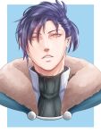  1boy artist_name blue_background blue_hair felix_hugo_fraldarius fire_emblem fire_emblem:_three_houses fur_trim highres orange_eyes ponytail portrait solo teeth yumikari07 