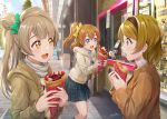  3girls :d bangs blue_eyes blush bow brown_eyes brown_hair cardigan casual clothes_writing clumsy commentary_request crepe day food green_bow hair_bow hairband highres holding holding_food ice_cream jacket koizumi_hanayo kousaka_honoka light_rays long_hair long_sleeves looking_at_another love_live! love_live!_school_idol_project macaron medium_hair minami_kotori miniskirt multiple_girls one_side_up open_clothes open_jacket open_mouth orange_hair outdoors pavement plaid plaid_skirt profile purple_eyes scarf shamakho short_hair sideways_glance signature skirt smile socks soft_serve spill standing storefront surprised sweater togashi_yuuta trash_can turtleneck white_scarf yellow_bow 