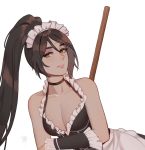  1girl alternate_costume apron bare_shoulders black_choker black_dress breasts broom brown_hair choker cleavage collarbone dark_skin detached_sleeves dress forehead_jewel french_maid_nidalee frilled_dress frills hair_between_eyes high_ponytail highres league_of_legends leaning_forward long_hair looking_at_viewer maid maid_headdress medium_breasts nidalee pink_lips ponytail revealing_clothes signature simple_background solo very_long_hair waist_apron white_apron white_background yellow_eyes zhiwu 