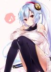  1girl absurdres bangs bare_shoulders blue_hair blush cellphone collarbone commentary_request fate/grand_order fate_(series) feet_out_of_frame felnemo gradient_hair hair_between_eyes hair_ornament hair_scrunchie highres knees_together_feet_apart knees_up long_hair long_sleeves looking_at_viewer multicolored_hair musical_note off-shoulder_sweater off_shoulder phone ponytail red_eyes ribbed_sweater scrunchie silver_hair sitting smartphone smile solo spoken_musical_note sweater thighs tomoe_gozen_(fate/grand_order) very_long_hair 