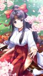  1girl bangs black_hair bow breasts cherry_blossoms closed_mouth day eyebrows_visible_through_hair falling_petals hair_bow hair_ribbon hakama hand_up headband highres hip_vent japanese_clothes large_breasts long_hair long_sleeves looking_at_viewer low-tied_long_hair miko official_art outdoors parted_bangs ponytail purple_eyes queen&#039;s_blade queen&#039;s_blade_unlimited queen&#039;s_blade_white_triangle red_hakama ribbon ribbon-trimmed_sleeves ribbon_trim sidelocks sitting smile solo tabi thighs tomoe white_legwear wide_sleeves 