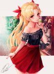  1girl black_shirt blonde_hair bow casual chiachun0621 collarbone cowboy_shot earrings ereshkigal_(fate/grand_order) eyebrows_visible_through_hair fate/grand_order fate_(series) hair_bow hair_intakes highres jewelry long_hair looking_at_viewer miniskirt nail_polish necklace off-shoulder_shirt off_shoulder pleated_skirt red_bow red_eyes red_nails red_skirt shiny shiny_hair shiny_skin shirt short_sleeves signature skirt solo sparkle standing watch white_background wristwatch 