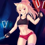  1girl animal_ear_fluff animal_ears ass_visible_through_thighs bangs beat_saber blonde_hair blue_background blush breasts buruma cat_ears cowboy_shot energy_sword eyebrows_visible_through_hair fang fast-runner-2024 fingerless_gloves gloves highres large_breasts long_hair looking_at_viewer midriff navel open_mouth original ponytail red_buruma red_eyes slit_pupils solo sword tank_top thighhighs tiffy_(fast-runner-2024) underboob watermark weapon web_address 