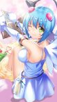  1girl angel angel_wings asymmetrical_wings back bangs bare_shoulders bathing blue_hair blush book bottle breasts closed_mouth cup dress drinking_straw elbow_gloves eyebrows_visible_through_hair from_behind gloves green_eyes hair_ornament highres holding holding_book looking_at_viewer medium_breasts milk milk_bottle nanael official_art one_eye_closed queen&#039;s_blade queen&#039;s_blade_unlimited queen&#039;s_blade_white_triangle shiny shiny_hair shiny_skin short_hair showering smile solo wading water white_dress wings 