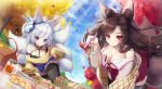  2girls absurdres akagi_(azur_lane) animal_ear_fluff animal_ears autumn_leaves azur_lane bare_shoulders black_legwear blue_eyes blue_skirt blue_sky breasts brown_hair brown_sweater chopsticks cleavage closed_mouth cloud commentary_request day drink drinking_straw egg food fox_ears fox_girl fox_mask fox_tail ginkgo ginkgo_leaf highres holding holding_chopsticks huge_filesize kaga_(azur_lane) kitsune koflif large_breasts long_hair long_sleeves mask mask_on_head multiple_girls obentou off-shoulder_shirt off_shoulder outdoors picnic picnic_basket plaid pleated_skirt red_eyes red_skirt ribbed_sweater sandwich shirt silver_hair skirt sky smile sweater tail tako-san_wiener thighhighs tree very_long_hair white_shirt 