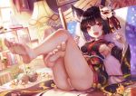  1girl absurdres animal_ear_fluff animal_ears ass azur_lane bangs bare_legs barefoot bell black_hair blunt_bangs blush book bookshelf breasts cameltoe cat_ears clock commentary_request day fang feet highres indoors japanese_clothes kimono lamp long_sleeves looking_at_viewer mask mask_on_head model_ship on_bed open_mouth panties red_eyes short_hair short_kimono sideboob skin_fang smile soles solo straight_hair sunlight sxbzero thighs toes underwear white_panties wide_sleeves window yamashiro_(azur_lane) 