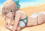  1girl aqua_bow ass beach bikini bow breasts cleavage day fate/grand_order fate_(series) freestyle18 hair_bow light_brown_hair looking_at_viewer lying medium_breasts medium_hair okita_souji_(fate)_(all) okita_souji_(swimsuit_assassin)_(fate) on_stomach outdoors smile solo swimsuit wet white_bikini 