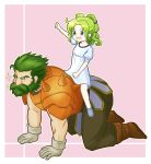  1boy 1girl arm_up beard brown_footwear child clenched_hand dozla_(fire_emblem) dress facial_hair fire_emblem fire_emblem:_the_sacred_stones fire_emblem_heroes gloves green_eyes green_hair highres l&#039;arachel_(fire_emblem) medium_hair open_mouth pink_background short_sleeves short_twintails shoulder_spikes sidelocks simple_background sitting smile spikes twintails user_sjfs3428 white_dress younger 