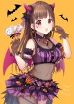  1girl :o bangs bare_shoulders bat blush bodystocking breasts brown_gloves brown_hair candy cleavage cowboy_shot crop_top demon_horns eyebrows_visible_through_hair fake_horns food frilled_skirt frills gloves halloween hands_up highres holding holding_food holding_lollipop horns idolmaster idolmaster_shiny_colors lollipop long_hair looking_at_viewer medium_breasts navel open_mouth orange_background polka_dot_skirt purple_skirt red_eyes see-through simple_background skirt sleeveless solo sonoda_chiyoko star trick_or_treat u_rin very_long_hair 