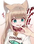  1girl 40hara absurdres animal_ear_fluff animal_ears aqua_eyes bangs biting blonde_hair blunt_bangs cat_ears collar collarbone finger_biting gradient gradient_background highres kinako long_hair original pet_collar red_collar shirt solo_focus t-shirt teeth upper_body white_shirt 