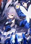  bangs bare_shoulders black_gloves blue_eyes blue_hair blush breasts bronya_zaychik bronya_zaychik_(herrscher_of_reason) bug butterfly center_opening crossed_bangs dress drill_hair earrings ekusufeito elbow_gloves gloves hair_between_eyes hair_ornament hand_up highres honkai_(series) honkai_impact_3rd insect jewelry layered_dress long_hair looking_at_viewer multiple_girls project_bunny quad_drills seele_vollerei short_hair silver_hair small_breasts white_butterfly 