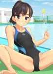  1girl absurdres arena_(company) barefoot black_eyes black_hair black_swimsuit blue_sky cloud collarbone competition_swimsuit day fence flat_chest grin highres lifeguard_chair looking_at_viewer one-piece_swimsuit original outdoors pool pool_ladder poolside short_ponytail sitting sky smile solo spread_legs swimsuit takafumi v 