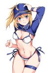  1girl absurdres ahoge artoria_pendragon_(all) ass_visible_through_thighs baseball_cap bikini blonde_hair blue_eyes blue_headwear blue_ribbon blue_sleeves breasts cleavage closed_mouth cowboy_shot fate/grand_order fate_(series) groin hair_between_eyes hand_on_head hat highres long_hair long_sleeves looking_at_viewer medium_breasts mysterious_heroine_xx_(foreigner) navel ponytail ribbon shrug_(clothing) side-tie_bikini simple_background sketch smile solo standing swimsuit thigh_gap thigh_strap user_cfef8374 white_background white_bikini wristband 