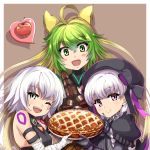  3girls ahoge animal_ears apple apple_pie atalanta_(fate) bandaged_arm bandages bangs bare_shoulders black_dress black_gloves black_headwear blonde_hair bow braid breasts cat_ears dress eyebrows_visible_through_hair facial_scar fate/apocrypha fate/extra fate/grand_order fate_(series) food fruit gloves green_eyes green_hair grimjin hat highres jack_the_ripper_(fate/apocrypha) long_hair looking_at_viewer multiple_girls nursery_rhyme_(fate/extra) open_mouth purple_eyes scar scar_across_eye short_hair silver_hair smile twin_braids white_hair 