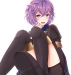  1girl bernadetta_von_varley bike_shorts blush boots fire_emblem fire_emblem:_three_houses garreg_mach_monastery_uniform grey_eyes knee_boots mashiro_shirou open_mouth purple_hair short_hair simple_background solo uniform white_background 